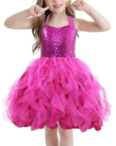 AIEOE Ragazze Battesimo Abito Elegante Principessa Vestito Glitter per Festa Cerimonia Bambine Adatto da 8 Anni Fucsia