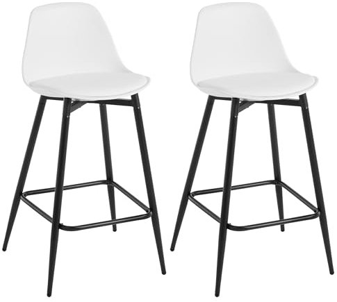 Klihome 2X Taburetes Cocina, Taburetes Bar, Taburetes Altos, Taburetes Cocina con Respaldo y Reposapiés, Taburetes con Asiento en PP y Estructura Metálica, Blanco, K0002BH-2