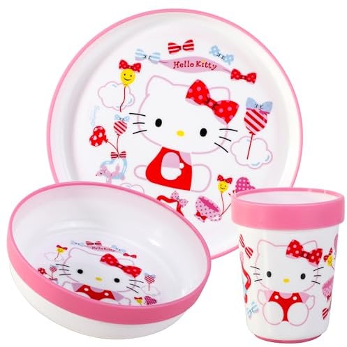 Hello Kitty Juego de 3 vajillas reutilizables bicolor prémium para niños, plato, cuenco y vaso, sin BPA