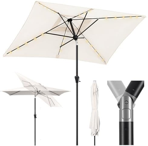 Sekey Aluminum Solar-Sonnenschirm mit LED-Beleuchtung 210x140cm, UV50+ Rechteckiger Balkon-Garten-Schirm, Solarlampe & Kurbelsystem