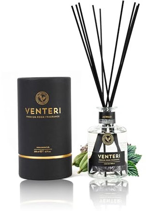 Venteri Raumduft Aswad 200ml, Luxuriöses Raumduft Diffuser Set, Würziger und Orientalischer Duft, Inklusive 8 Duftstäbchen in Einem Eleganten Glas Diffusor, Lufterfrischer für Raum Duft und Bade Duft