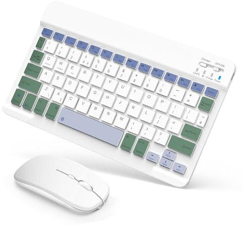 SOPPY Portable Bluetooth Keyboard and Mouse, Rechargeable Mini Keyboard, Wireless Keyboards for iPad 9.7/10.2/iPad Air/Pro/Tablets/iOS/Android/Windows, UK Layout (White & Green)