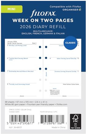 Filofax Mini Woche auf zwei Seiten 4-sprachig 2026 Terminplaner 26-68127