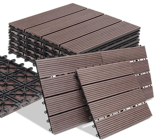 BAKAJI Set 11 Pezzi Piastrelle in WPC da Giardino, Esterno, Patio, Balcone, Pavimento Impermeabile con Drenaggio Acqua, Piastrella Montaggio Incastro, Resistente Agli Agenti Atmosferici (Tortora)