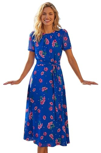 Roman Floral Print Pleat Neck Midi Dress for Women UK Ladies Spring Everyday Summer Holiday Round Neckline Comfy Short Sleeve Soft Fit & Flare Frock Dinner Date - Blue - Size 12