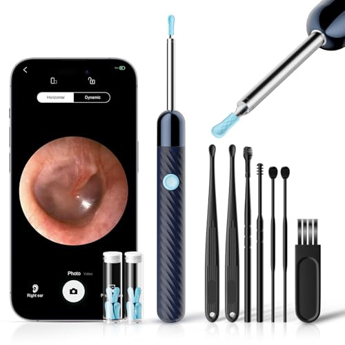 Ear Wax Removal - Earwax Remover Tool with 7 Pcs Ear Set - Ear Cleaner 1080P HD Ear Scope - Camera with 6 Led Lights - Ear Cleaning Kit with 11 Ear Spoon - Ear Camera for iOS & Android（Navy Blue）