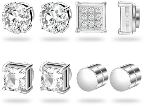 XPEX 4 pares Pendientes magnéticos para hombre, unisex, redondos/cuadrados/con 9 diamantes redondos (color acero, 6 mm)