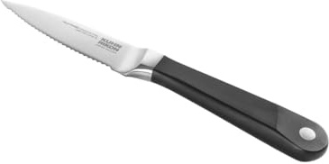 Kuhn Rikon Culinary Forged Serrated Paring Knife Rockwell-Hardened Carbon Steel Blade. Durable, Sharp Knife. Total Length = 21cm. Blade Length = 9cm. Full Tang Precision Balance.
