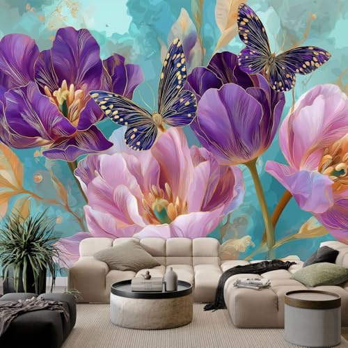 Kind Vlies Fototapete 400 x 280 cm – Blumenmotiv mit Lila-Romantik-Blüten – Umweltfreundlich Wandtapete Wanddeko fürs Kinderzimmer Wohnzimmer Schlafzimmer – Schalldämmend & Abwaschbar