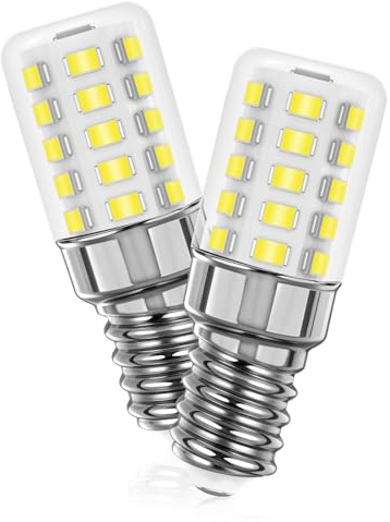 A.bigwhale E14 LED Lampe Kühlschranklampe, 2er Pack E14 LED Leuchtmittel 3W Ersatz 30W Halogenlampen, 480LM Kaltweiß Glühbirne 6000K für Kühlschrank Nähmaschine Tischlampe, 360° Abstrahlwinkel