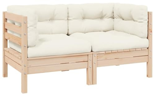 Hoopleep Gartensofa 2-Sitzer mit Kissen in Creme, Massivholz Kiefer, modular erweiterbar, für Terrasse, Balkon, Außenbereich, Robustes Möbel Set