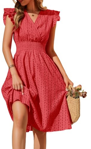 PASUDA Abito Estivo Donna Scollo a V Vestito Donna Cotone Senza Maniche con Volant Elegante Vestiti Estivi Corti Jacquard Leggero Abiti Vita Alta Mare da Spiaggia con Tasche Casual Moda (Rosso, M)