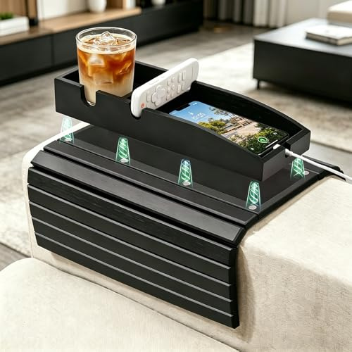 Sofa Armlehnentablett 44x34 cm, Magnetisches Abnehmbares Couch Tablett mit Rutschfester Ablage, 3-in-1 Sofa Organizer für Getränke, Handy, Fernbedienung und Snacks, Armlehnen Tisch für Wohnzimmer