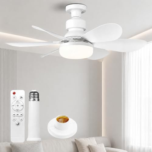 Ventilador de techo con luz y mando a distancia, E27 Ventilador LED regulable 40 W, 3 velocidades, 6 aspas, silencioso, con base y varilla de extensión, temporizador, para dormitorio salón oficina