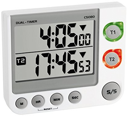 TFA Dostmann Elektronischer 2-Fach Timer, 38.2025, mit Memory-Funktion, 3 Lautstärke Stufen, LED-Warnlicht (Weiß mit Batterien)