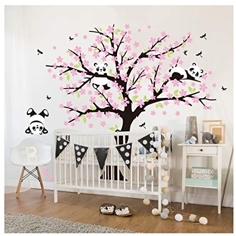 Sayala 3 Panda Wandtattoo-Wandsticker mit Floralem-Pfirsich Sakura Blumen Baum Wandbild für Mädchen/Jungen oder Baby Zimmer.2m &1.8m Wanddeko Wandtattoobaum (Rosa)