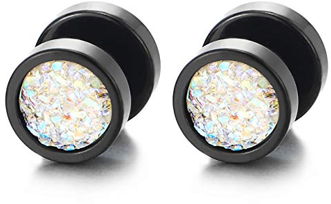 10MM Herren Damen Edelstahl Schwarz Kreis Ohrringe Ohrstecker Regenbogen Funkeln, Fake Plugs Ohr Cheater Tunnel Gauges