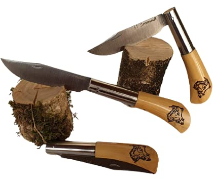 Navaja artesanal TARAMUNDI boj natural pirograbado cabeza de jabali Caza, Pesca, Camping, Outdoor, Supervivencia y Bushcraft + Portabotellas de regalo