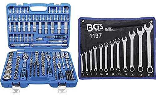 BGS 2292 | Steckschlüssel-Satz Wellenprofil | 192-tlg | inkl. Koffer + BGS 1197 | Maul-Ringschlüssel-Satz | 12-tlg | SW 6 - 22 mm | inkl. Tetron-Rolltasche | Gabelringschlüssel