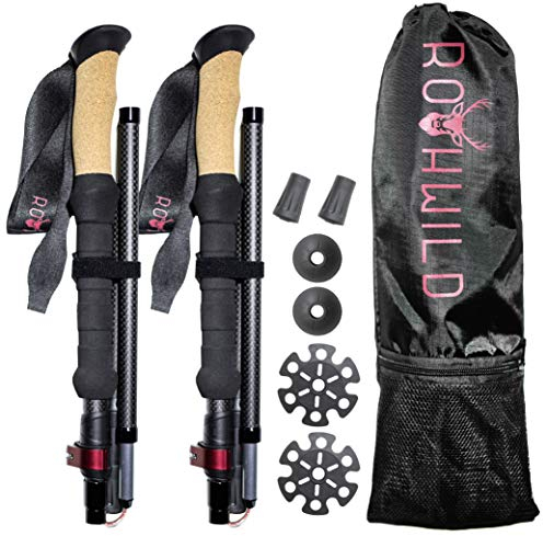Rothwild Wanderstöcke faltbar – Carbon Trekkingstöcke Ultraleicht mit Korkgriff – Modell Platzhirsch – verstellbare Länge 115-135cm für Damen & Herren – inkl. Tasche