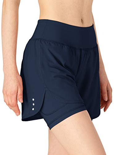 donhobo Damen 2 in 1 Kurze Hose Schnelltrocknende Laufshorts Fitness Joggen und Training Sporthose für Yoga Sport Gym Running (Navy, L)