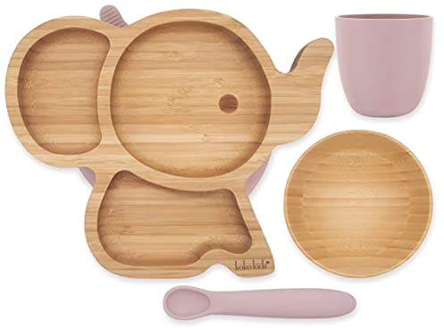 Ensemble de sevrage en bambou et silicone ~ Assiette à ventouse, bol en bambou + tasse et cuillère en silicone (rose)