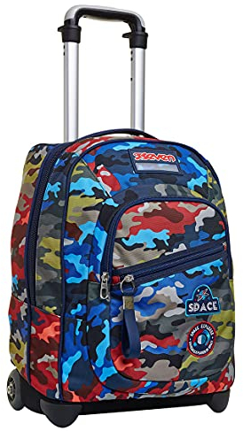 Seven Trolley, 2 in 1, Schulranzen mit Rollen, Rucksack mit Trolleyfunktion für Kinder, ab 1. Klasse, für Schule, Reisen, Mädchen&Jungen, blau, CAMO Stains