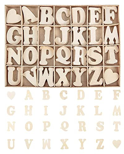 ANCLLO Holzbuchstaben A-Z und Herz-Set mit Ablagetablett, Holzbuchstaben, natürliches Holz, für Kunst, Handwerk, DIY, Hochzeit, Dekoration, 112 Stück
