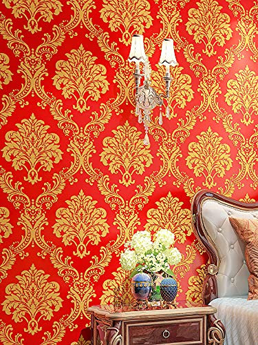 Rouleau de papier peint intissé de luxe damassé texturé en relief pour chambre à coucher, salon Rouge 9,5 x 0,53 m