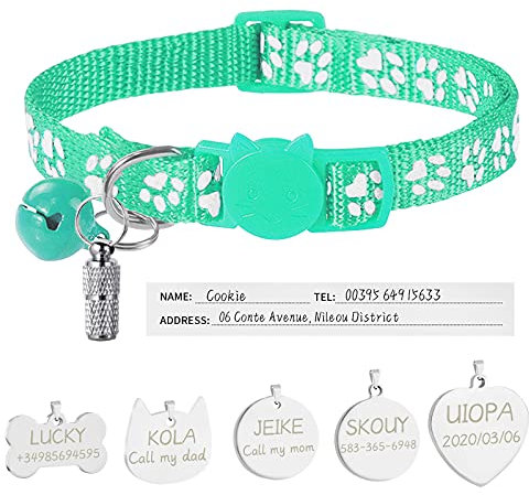 Uiopa Katzenhalsband mit Sicherheitsverschluss + Hundemarke mit Gravur + Adressanhänger, Hundehalsband mit Name & Glöckchen, Verstellbar Halsband für Katze und Hund (Mintgrün)