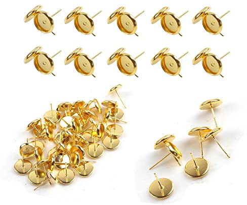 Perlin Ohrstecker Gold mit Fassung 8mm, Messing Metall Rohlinge, Ohrringe Basteln DIY Schmuckherstellung 10 Stk (8mm)