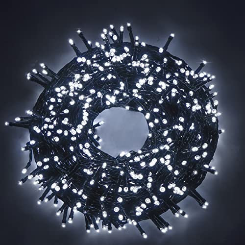 Luccika stringa natalizia con luci a led su cavo verde per uso interno ed esterno controller 31V con 8 giochi di luce e memoria (Bianco Ghiaccio, 9 Metri con 180 Led)