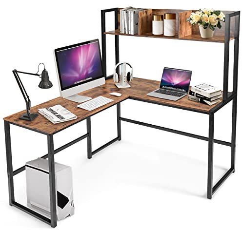 COSTWAY L-Shaped Computer Desk, 140 x 126 x 149cm Industrial Large 2-Person Corner Writing Workstation PC Laptop Table with Storage Bookshelf, Home Office Work Study Gaming Desk (Rustic Brown)