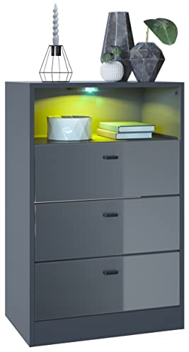 Vladon Kommode Pino V2, Made in Germany, Anrichte mit 3 Schubladen & 1 offenem Fach, Anthrazit matt/Grau Hochglanz mit LED RGB (56 x 86,5 x 36 cm)