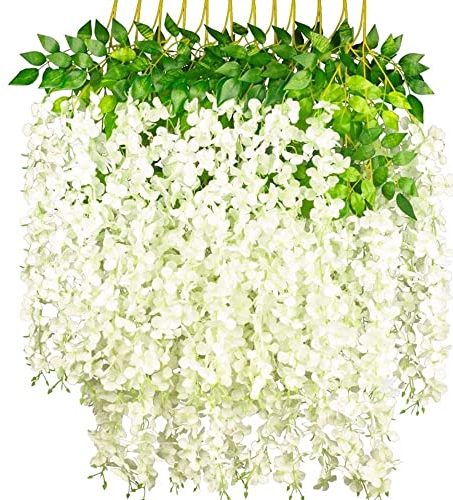 OUKEYI Künstliche Glyzinien-Blumen-Girlande, 100 cm, Seidenblumen, hängende Rebe für drinnen und draußen, Haus, Garten, Weihnachten, Hochzeit, Party, Dekoration, Weiß, 12 Stück