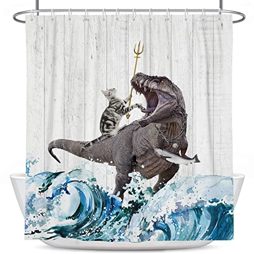 Coxila Lustiger Katzen-Duschvorhang, cooler Dinosaurier, Dino, japanisches Meer, Ozean, Welle für Kinder, Jungen, rustikales Holz-Bauernhaus, 152.4x183.9 cm, wasserdicht, 12 Stück Kunststoffhaken