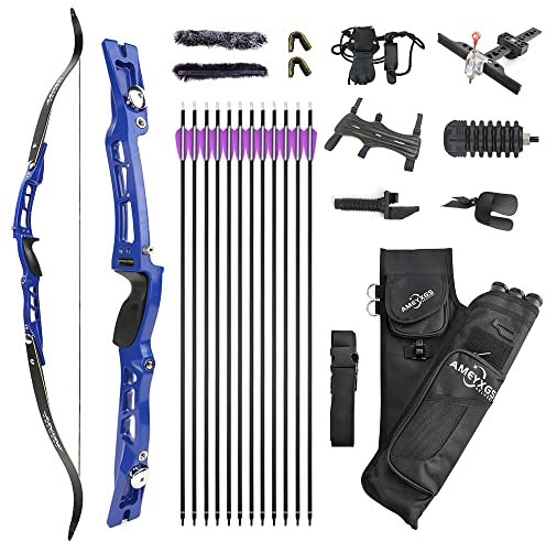 HNZMDY 66zoll Takedown Recurve Bogen Set für Erwachsene Jugendliche ILF Limbs 20-40lbs Jagdbogen Bogenschießen Wettkampf Athletischer Bogen Rechte Hand (40lbs, Blau)