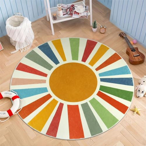 STARUIA Kleiner runder Teppich, waschbar, runder Teppich für Kinderzimmer, farbenfroher Sonnenkreis-Teppich für Spielzimmer, rutschfest, rund, Büroteppich, weicher Regenbogen-Teppich für Schlafzimmer,
