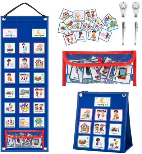 KIKIGOAL Kinder visuelle Planung Kalender Diagramm, 2 in 1 Autismus täglichen Routine Diagramm mit 70 Karten Autismus Lernmaterialien für Kinder(Englische Version)