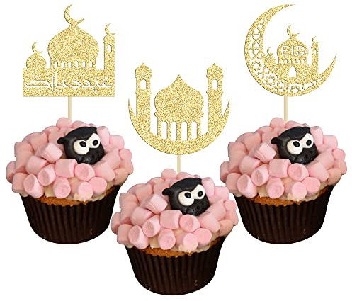 Cupcake-Topper, Motiv: Eid Mubarak, Glitzerstern, Ramadan, Kareem, Cupcake-Pick, Mond, Stern, Eid, islamisch, muslimisch, Motto-Party, Kuchendekoration, Zubehör, Gold, 24 Stück
