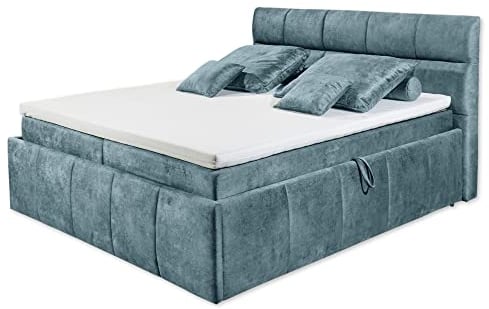 Stella Trading AVIDANO 6 Polsterbett 180x200 mit Bettkasten, Smoke Blue - Modernes Doppelbett mit dekorativer Steppung & Kaltschaum Topper - 203 x 123 x 220 cm (B/H/T)