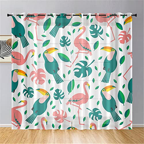Hiseng Voile Vorhänge mit Ösen Durchsichtig Halbtransparent Ösenvorhang für Fenster Wohnzimmer Schlafzimmer Flamingodruck Moderne Elegante Transparent Gardine 2er Set (107x160cm,Tukan)