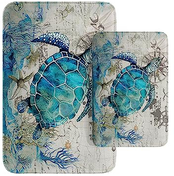 Britimes Badezimmerteppich, Motiv: blaue Schildkröte, 2er-Set, Ozean-Seestern, waschbar, Bodenteppich, Badvorleger, Badezimmerdekoration, 40,6 x 61 cm und 50,8 x 81,3 cm