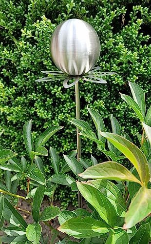Jürgen Bocker Garten-Ambiente Blütenzauber Paris Rosenkugel 10 cm Edelstahl Gartenstecker Deko mit Stab 80 cm (Silber matt)