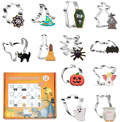 12 Stück Ausstecher Halloween, shallyong Ausstechformen Halloween, Edelstahl Keksausstecher Halloween Plätzchen Ausstecher Set Kürbis Spinnennetz Geist Fledermaus Katze Hexenhut Halloween Deko