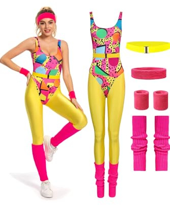 MASSWO Aerobic-Kostüm für Damen im 80er-/90er-Jahre-Stil, Retro-Trikot-Set | Leggings mit hoher Dehnung, Zubehör, Bewegung, Joggen, Laufen, Fitnessstudio, Motto-Party, Halloween