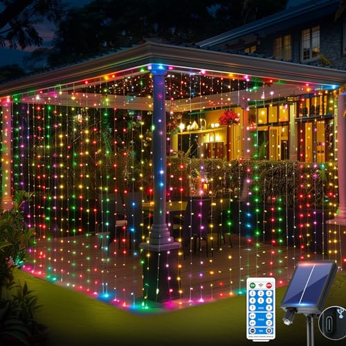 RJEDL Lichterkette Bunt, 6x3m 600 LED Solar Lichtervorhang Aussen mit 2 Lademethoden 2 Arten der Kontrolle 8 Modi Timer IP65 Wasserdicht Wasserfall Außen/Innen Lichterkette für Weihnachten,Party Deko
