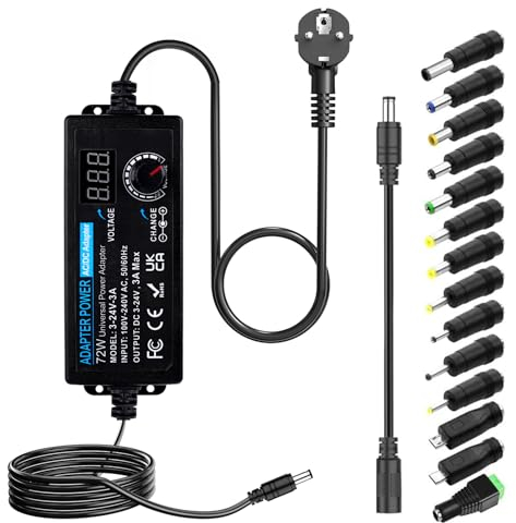 Klarlight 3A Fuente Alimentacion Regulable 72W AC 100V-240V a DC 3V-24V, 14 Enchufes Adaptadores para Electrodomésticos Iluminación LED Motor DC DVD