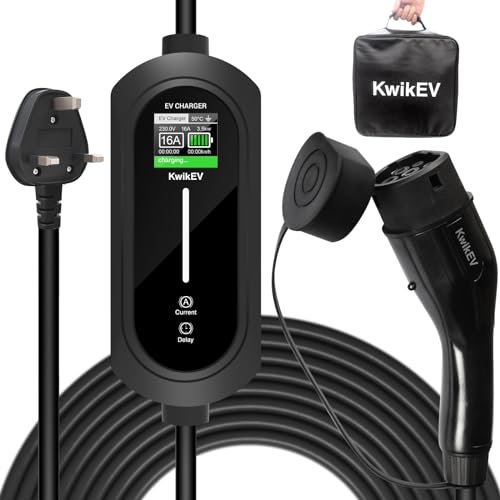 KwikEV Portable Type 2 EV Charger UK 3 Pin plug, 10 Meters | 6/8/10/13A | Adjustable Current 3.3kW | IP67 Waterproof, Type 2 Charging Cable with LED Indicators & Carry Bag