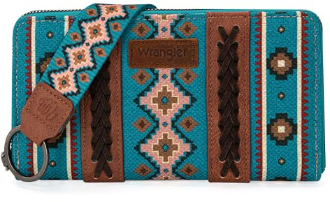 Wrangler Wallet Purse for Women Western Aztec Clutch Wristlet Wallet with Credit Card Holder, Dark Turquoise, One Size, Trendy